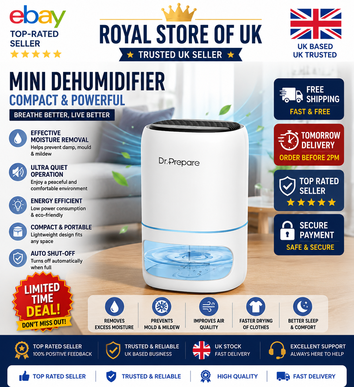 Dr.Prepare 1000ml Dehumidifiers for Home, 2-in-1 Dehumidifier and Air Purifier