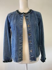 Choices Womens Denim Blue Floral Embroidered Jeans Jacket Petite Small