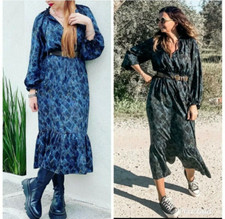 ZARA NAVY BLUE BLACK SNAKE ANIMAL PRINT MIDI MAXI DRESS size S Small 10 38