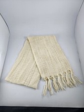 Solid Ivory Loose Knit Woven Scarf with Fringe 9" x 72  Vintage
