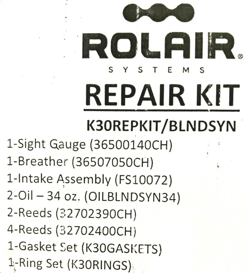 KIT REPARACIÓN ROLAIR PMP22K30CH, K30 CON ACEITE, ANILLOS, JUNTAS, CAÑAS, FILTRO. Foto 3 de 3