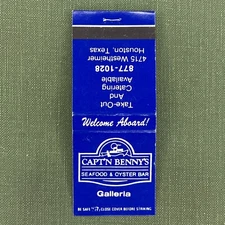 Vintage Matchbook Calt’n Benny’s Galleria Restaurant Houston Texas Matches Full