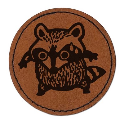 Startled Raccoon Hunched Round Iron-On Leather Patch Applique - 2.5 Inch - Brown