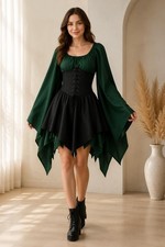 Women's Green Black Medieval Viking Style Long Dress Historical Festival Costume