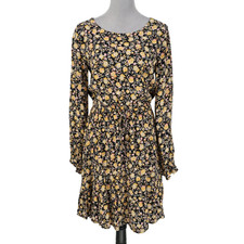 Loft Dress Womens XS Black Orange Pink Floral Tie Waist Long Sleeve Rayon Whimsy
