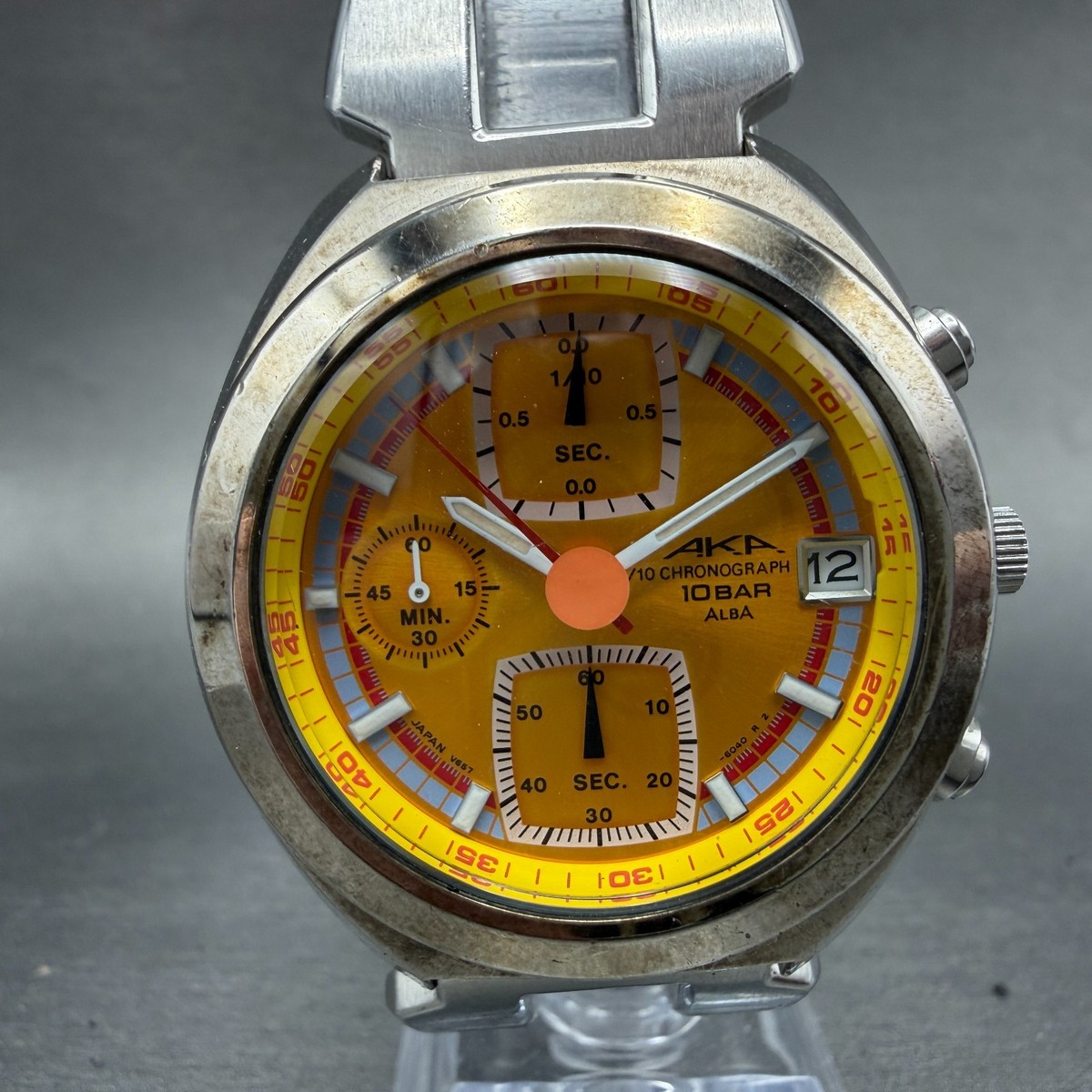 Seiko ALAB AKA Chronograph Watch Men 40mm Yellow Dial Steel Date