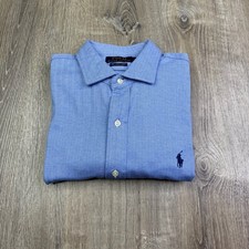Polo Ralph Lauren Mens Blue Subtle Herringbone Preppy Knit Dress Shirt Size L