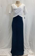 NWT Tadashi Shoji Hudson Off-the-Shoulder Crepe Gown  White  Navy  Women's 12