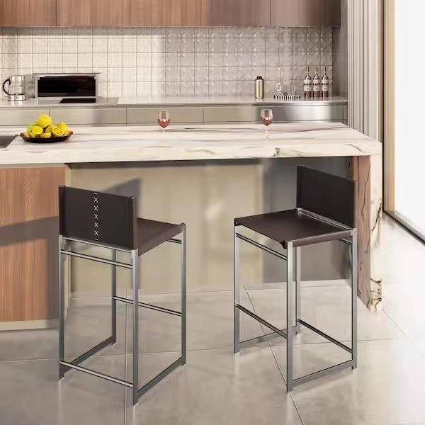 Set of 2 Metal High Outdoor Bar Stool with Coffee Saddle Leather Seat - Image 4 of 4