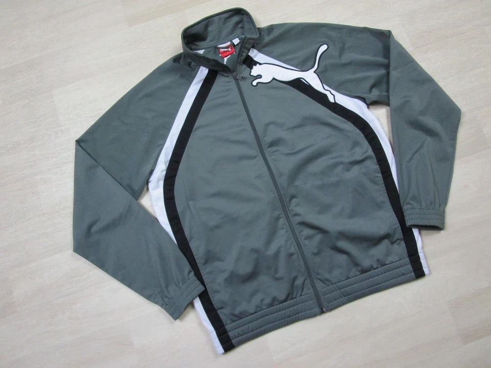 Chaqueta deportiva Puma gris con cremallera completa cuello falso logotipo grande talla (L) a rayas para hombre Foto 2 de 4