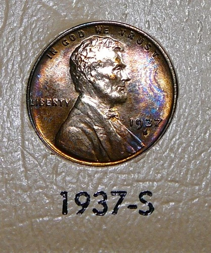 1937-S  Lincoln Cent - Vividly Toned Unc / Uncirculated (AO1)