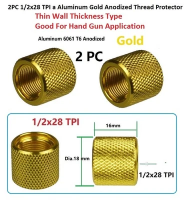FIELDSPORT INC 2 PC Gold 1/2x28 TPI Thread Protector Thin Type F Hand Gun & Rifle Application