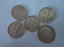 90 Siver Walking Liberty Half DolIar Lot of 5