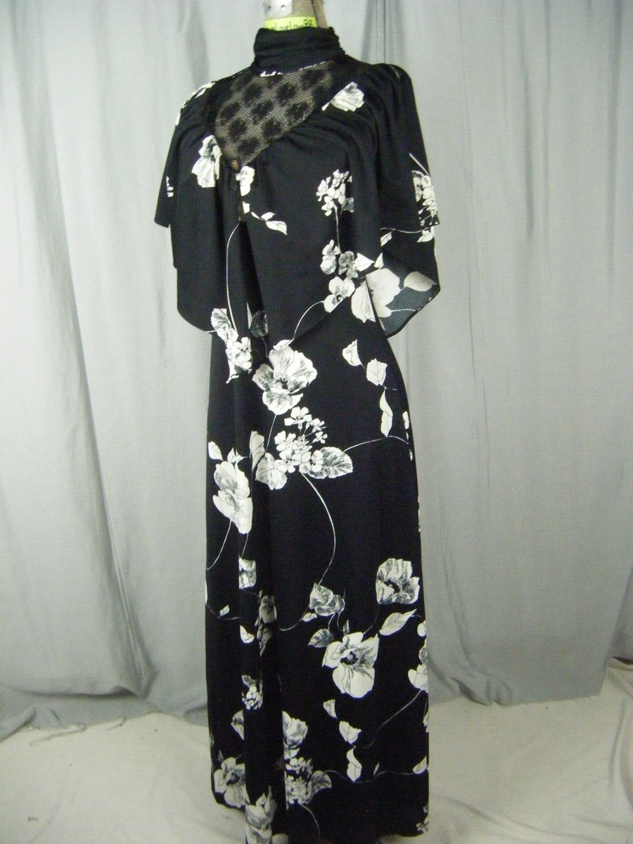 Vtg 70s Black White Floral Printed Illusion Neckline Cape Dress-Bust 31/3XS-2XS Vtg 70s Black White Floral Printed Illusion Neckline Cape Dress-Bust 31/3XS-2XS