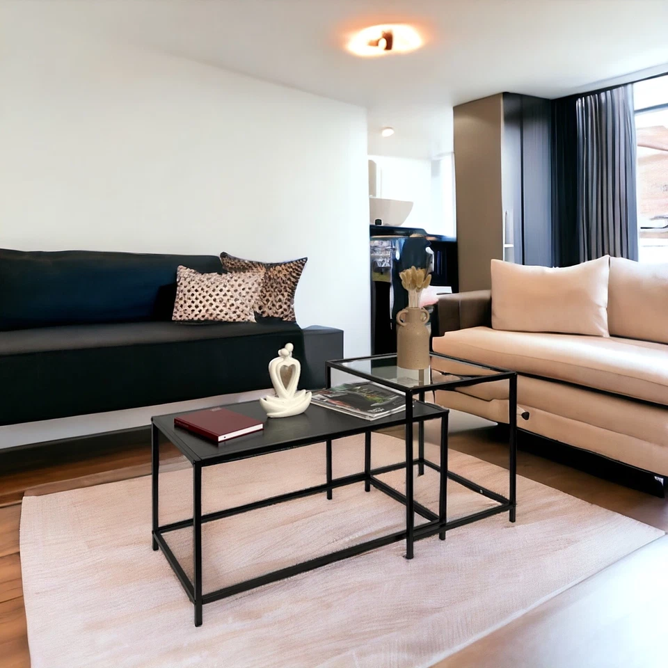 Set Of 2 Coffee Table Black Large Nesting Tables Side Table with Clear Glass Top - Image 4 of 4