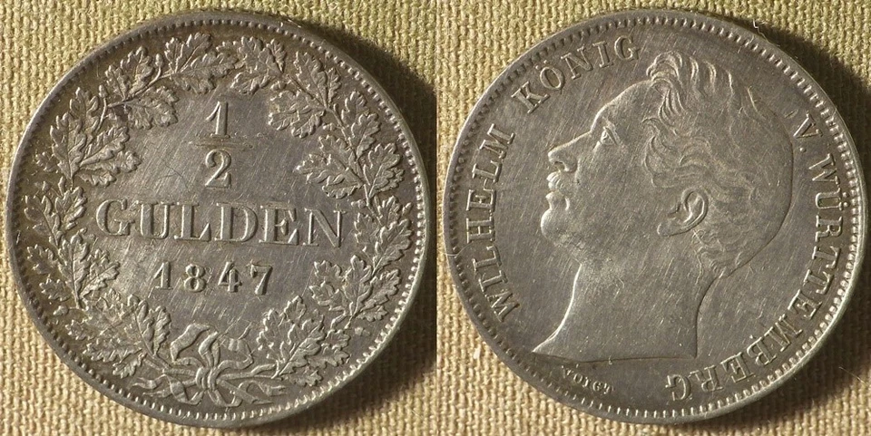 Germany State : Wurttemberg 1847 1/2 Gulden CH.AU Luster #573 IR8469 - Image 1 of 1
