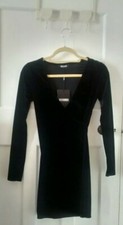 Missguided Black Velvet Bodycon Wrap Dress With Long Sleeves Size 6