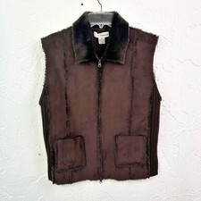 Vintage Y2K Dark Brown Faux Suede Fur Collar Full Zip Vest Size XL