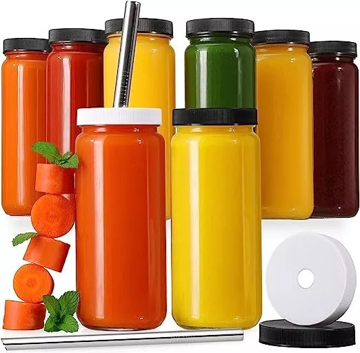 8 Pack ] Glass Juicing Bottles with 2 Straws & 2 Lids w Hole- 16 OZ Travel