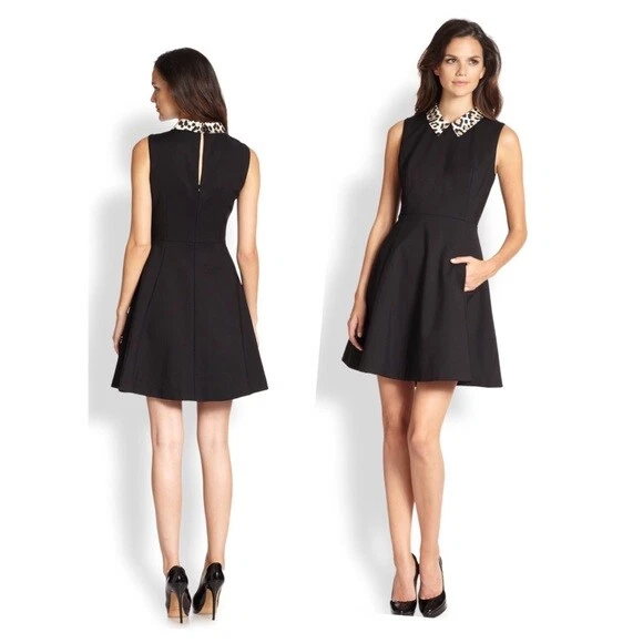 Abito Kate Spade nero Rissa Fit Flare Lepord foderato con colletto posteriore con cerniera taglia 2