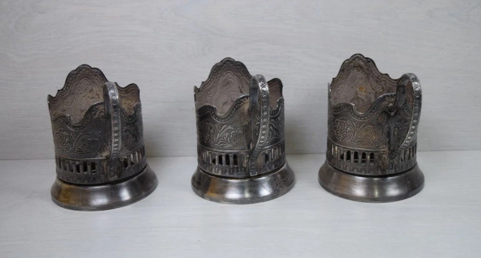 Vintage 3 USSR PODSTAKANNIK Glass Cup Holder Russian Space Age Program Sputnik - Image 3 of 4