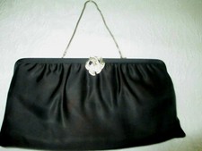 Vintage Black Satin Purse Handbag Silver Rope Handle Silver Jeweled Clasp