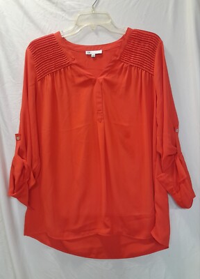 DR2 Orange Vermillion Long Roll-Tab Sleeve V-Neck Blouse Women's Large