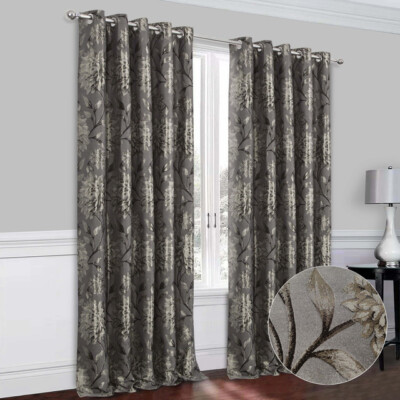 ELANIE hübsche Metallic Blumen Jacquard gefüttert Ösen Kopf Vorhänge