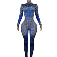 Sparkle Blue Rhinestones Jumpsuit Woman Stretch Costume Party Club Stage Outfit