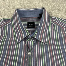 HUGO BOSS Shirt Men Medium LUCAS 8 Regular Button Striped Blue Green Pink Casual