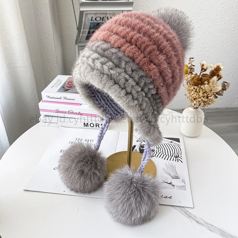 100% Real Mink Fur Knitted Beanie Hat Women Winter Cap with Fox Fur Pom Poms - Image 3 of 4