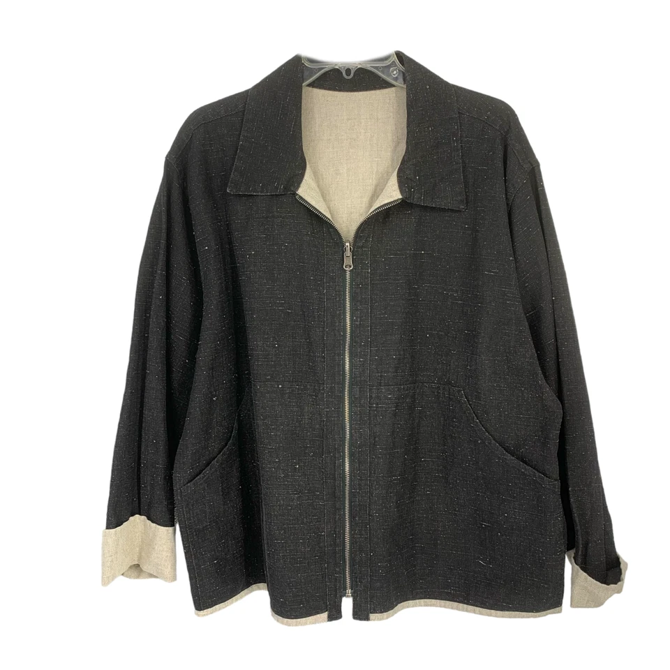 Vintage Flax Jeanne Engelhart Sz L Reversible Cotton Linen Jacket Black/Natural - Изображение 2 из 4