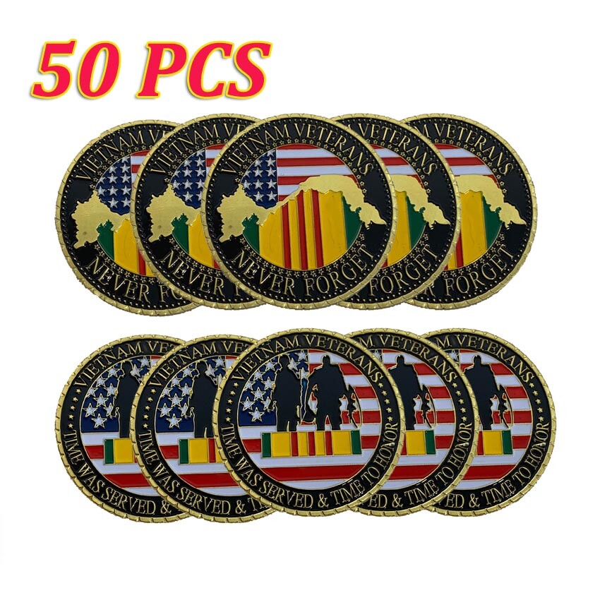 50PCS Gold NEVER FORGET VETERANS VIETNAM Challenge Coin Military Commemorative