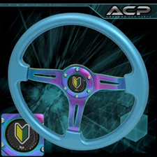 Universal Wakaba 350mm 6 Hole Sky Blue Trim Neo Chrome 3 Streak Steering Wheel
