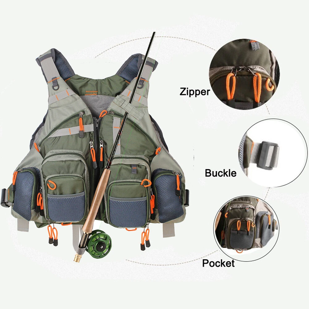 Chaleco de Pesca Mochila Para Pesca con Mosca Tamaño General Malla Ajustable Mutil-Bolsillo