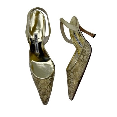 Manolo Blahnik Carolyn Gold Lace Slingback Heels Floral Mesh Pumps 39.5