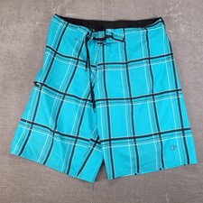 Ocean Pacific Y2K Mens Plaid Board Shorts Swim Trunks Size 34 Blue Black White