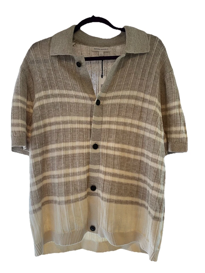 Suéter para hombre BANANA REPUBLIC, manga corta con botones talla Grande, crema/beige Foto 2 de 4