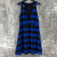 H&M Size 8 Striped V Neck Sleeve A Line Flared Knee Length Dress Blue Black