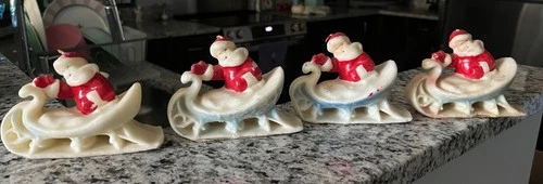 Vtg Rare Tavern 4 SANTA CLAUS On BLUE SLEIGH Candles 5" x 4" - product listing photo
