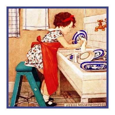 Jessie Willcox Smith Girl Washing Dishes Counted Cross Stitch Chart Pattern