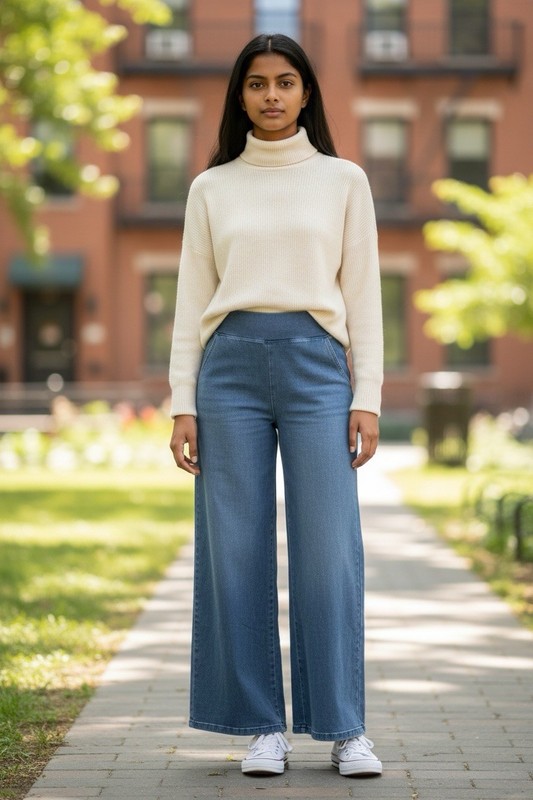 Halara NWT Wide Leg Pull-On Stretch Jeans Denim Pants L Regular Blue