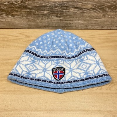 Norway Hat Cap Beanie Blue White Snowflake Nordic Ski Fleece Lined Rotator
