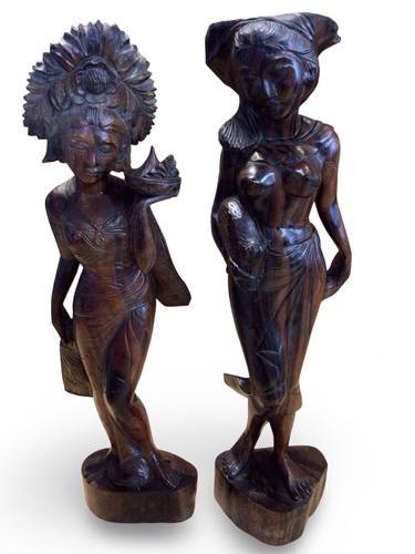 Stunning 2x Vintage Bali/Indonesian Wood Carved Women Statue 41Cm/16 Inches. 60’ - Picture 5 of 14