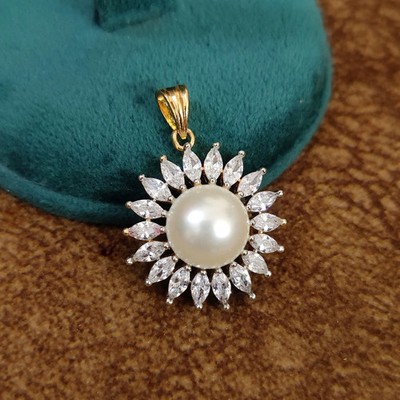 Luminous Pearl & Diamond 18K Yellow Gold Over Sunrise and Sunset Pendant Only