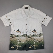 Pacific Legend Large USA Made Hawaiian Aloha Shirt Marlins Palms Waves Cotton