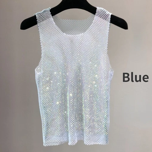 Damen Kristall Mesh Camisole Tank Top Glitzer glänzend ausgehöhlt Weste Weste - Bild 17 von 25