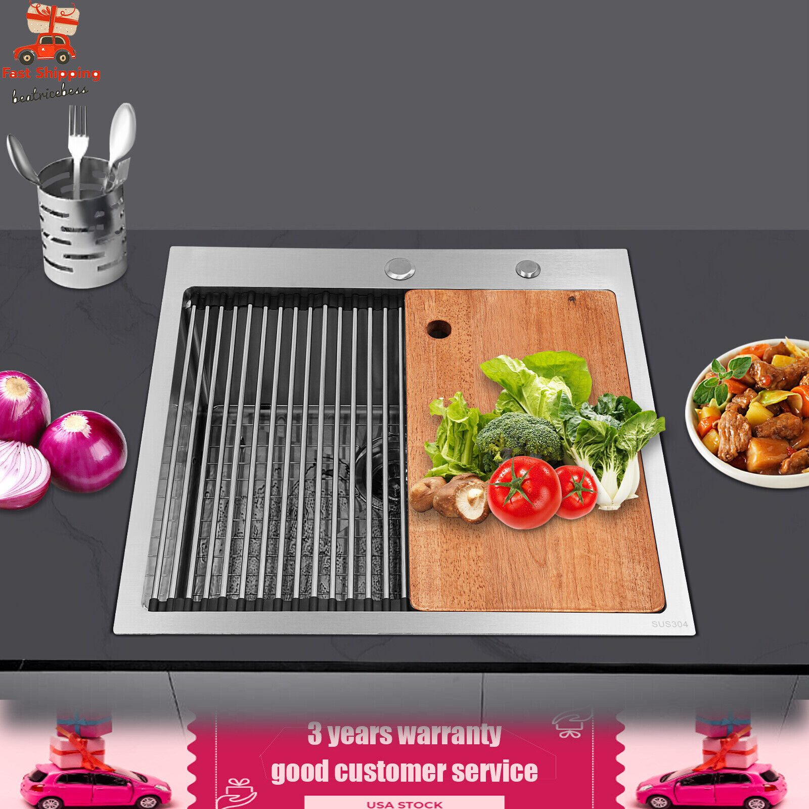 Stainless Kitchen Sink Undermount Workstation Rectangular Sink w/ Cutting Board