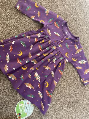 Piccalilly Button Dress Organic Cotton Moonlight Moth Print Purple 12-18 Months