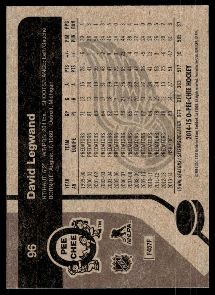 2014-15 O-Pee-Chee RETRO  David Legwand Detroit Red Wings #96 R48 - Image 2 of 2
